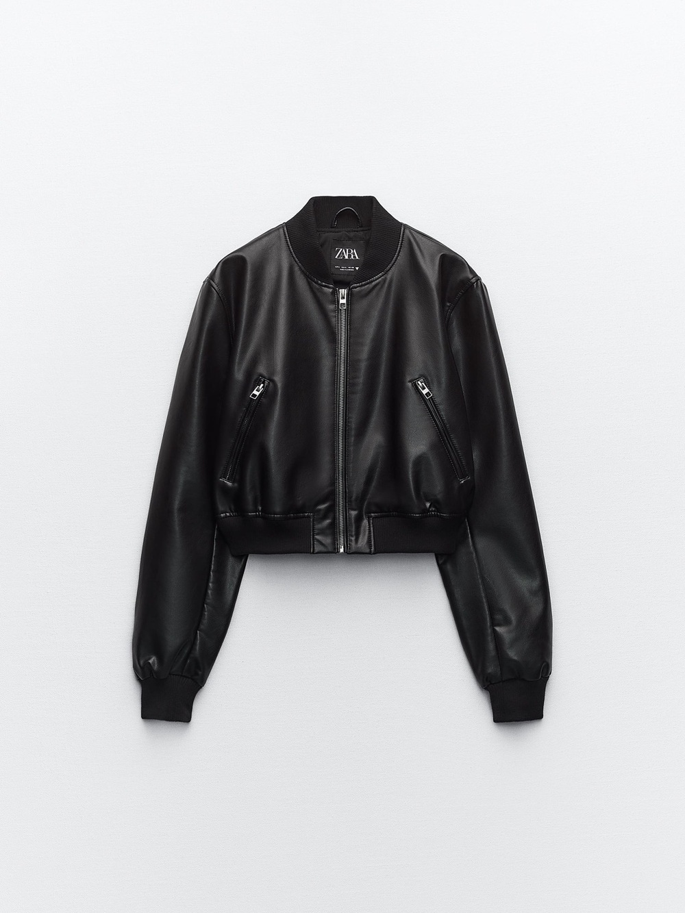 Zara Black Faux-Leather Cropped Bomber Jacket
